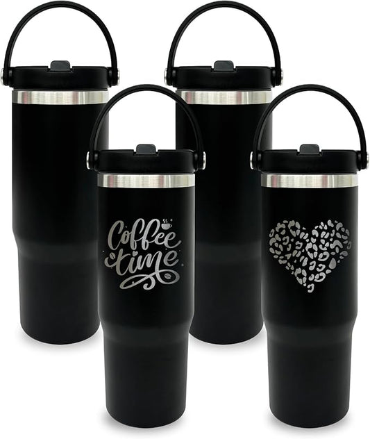 30 oz Tumbler Bulk with Top Handle, Double Wall Vacuum Insulated Tumbler with Flip Straw, Travel Coffee Mug 30oz Powder Coated Cup for Laser Engraving (Black,4 pack)