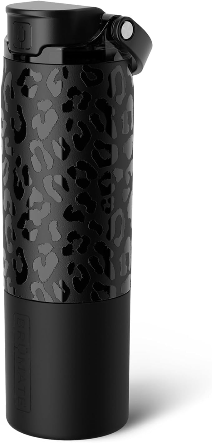 BrüMate Rise 25oz Water Bottle With 100% Leakproof Covered Silicone Straw | Insulated Stainless Steel Water Bottle | Cup-Holder Friendly | Fast Flow | Soft Sip Silicone Spout | BPA-Free (Onyx Leopard) Br%C3%BCMate