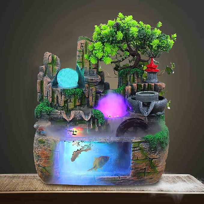 DNYSYSJ Tabletop Waterfall Fountain with Rockery, Mini Silent Indoor Ornament Desk Water Fountain Desktop Simulation Resin with Atomizer LED Small Fish Tank for Office Bedroom Home Decor Windmill - Bloomnest