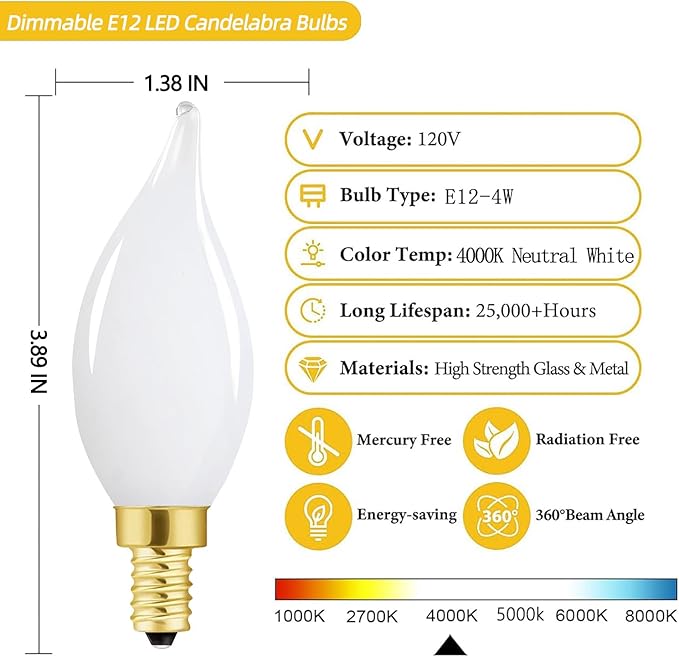 E12 Dimmable Candelabra Bulbs 40 Watt LED Candle Bulb 4000K Daylight Chandelier Light Bulb 4W Type B Light Bulb for Chandelier,Frosted Glass,400LM,6 Pack - Bloomnest