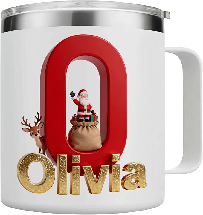Personalized Christmas Insulated Coffee Mug with Handle – Custom Initial Letter Double Wall Stainless Steel Travel Tumbler for Hot & Cold Drinks – Unique Holiday Gift for Men, Women, & Kids(B111) - Bloomnest