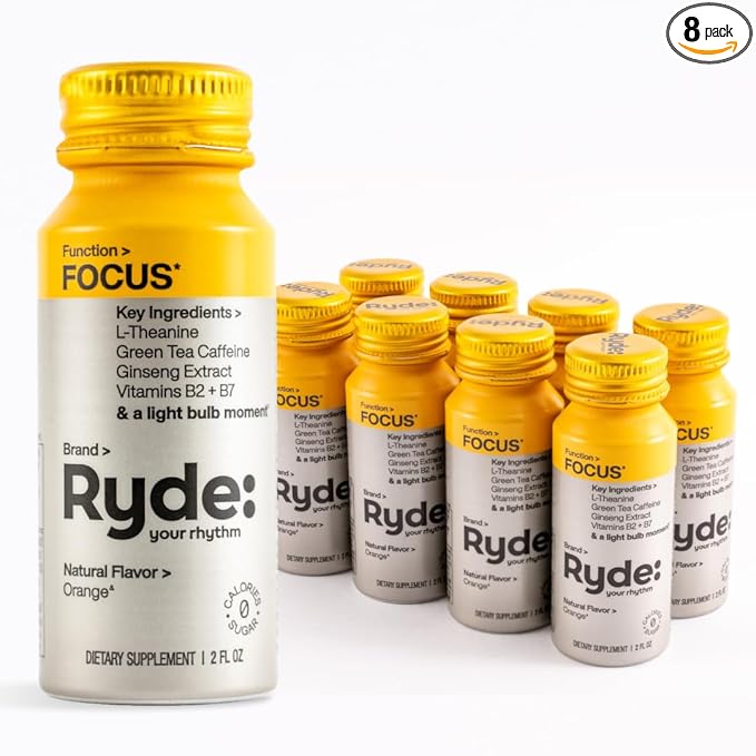 Ryde: Focus Shot | Orange Flavor | L-Theanine & Ginseng | Green Tea Caffeine | Vitamins B2 & B7 | 0 Calories, 0 Sugar | 2 FL OZ Shots | Supports Focus* (8 Pack) - Bloomnest