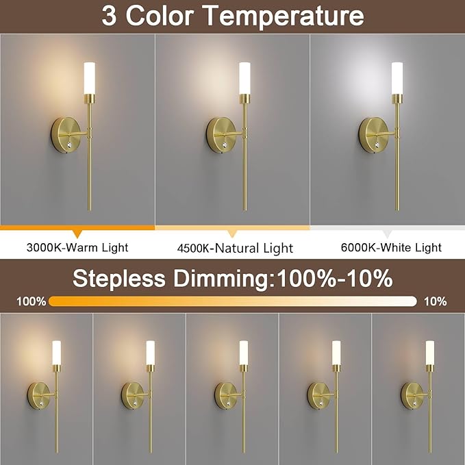 Gold Battery Operated Wall Sconces Set of Two,6000mAh Rechargeable Wall Sconce 3 Colors Stepless Dimming Wireless Wall Lights with Remote Control for Bedroom,Living Room - Bloomnest