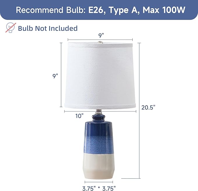 20.5" Ceramic Blue Lamps for Nightstand Set of 2, Blue Table Lamps for Living Room Set of 2, Coastal Table Lamps for Bedroom with White Barrel Lampshade, Blue White Ceramic Lamps for Small Space - Bloomnest
