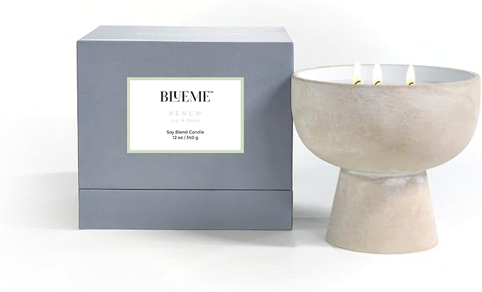 BLUEME Renew - Ivy & Rose, Luxury Candle w/Essential Oils, 3 Wick, Hand-Poured Soy, Cotton Wick, Ceramic - Bloomnest
