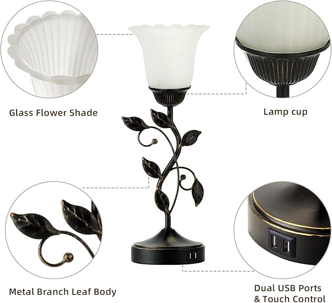 RORIANO Set of 2 Touch Bedside Vintage Lamps with 2 USB Ports, 3-Way Dimmable Flower Lamps, White Glass Shade Rustic Leaf Lamp for Bedroom Side Table, LED Bulb Included - Bloomnest