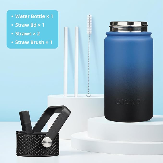 BJPKPK Insulated Water Bottle with Straw Lid, 15oz Cute Water Bottles, Stainless Steel Metal Thermo, Reusable BPA Free Leak Proof Tumblers, Cups,Blue Black - Bloomnest