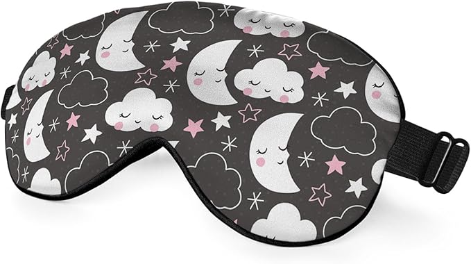 Grey Night Sleep Eye Mask Eye Cover Cute Cartoon Clouds Moons White Pink Silk Eye Mask for Sleeping with Adjustable Strap for Travel Nap Shift Work Office - Bloomnest