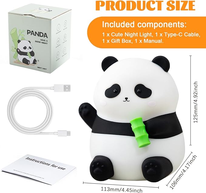 Panda Night Light, Silicone Lamp – Tap-Control Dimmable, 10H High/50H Low Battery Life, Soft Light for Breastfeeding Nursery, Cute Panda Gifts for Kids Boys Girls, Bedside Desk Decor - Bloomnest