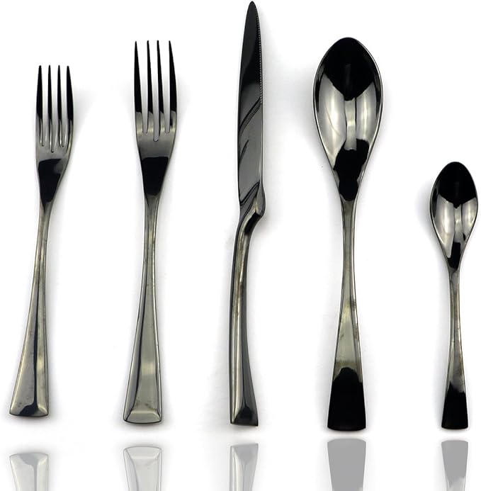 JASHII 18/10 Stainless Steel 20 Piece Mirror Polished Black Flatware Set,Dinner Knife Fork Salad Fork Coffee Spoon，Service for 4 ，Black Utensil Sets - Bloomnest