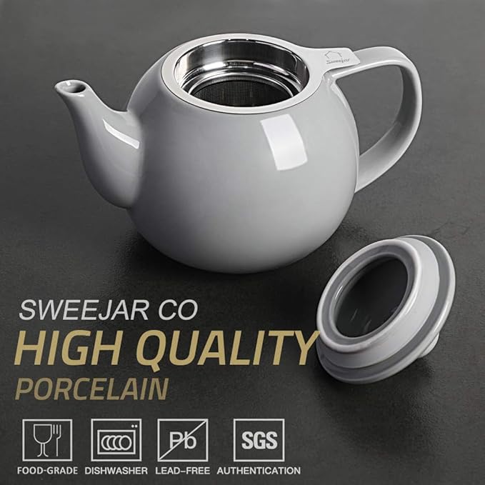 Sweejar Porcelain Teapot with Removable Stainless Steel Infuser,Microwave & Dishwasher Safe Tea Pots for Loose Tea,Tea Infuser Pots for Chrismas Women Gift (30oz Gray) - Bloomnest