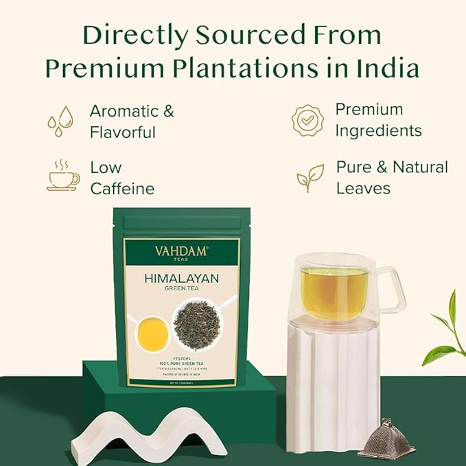 VAHDAM, Himalayan Green Tea Leaves (50+ Cups, 3.53 Oz) Non GMO, Gluten Free | High Elevation Grown Green Tea Leaves From Himalayas | Pure Unblended Single Origin Green Loose Leaf Tea | Vacuum Sealed - Bloomnest