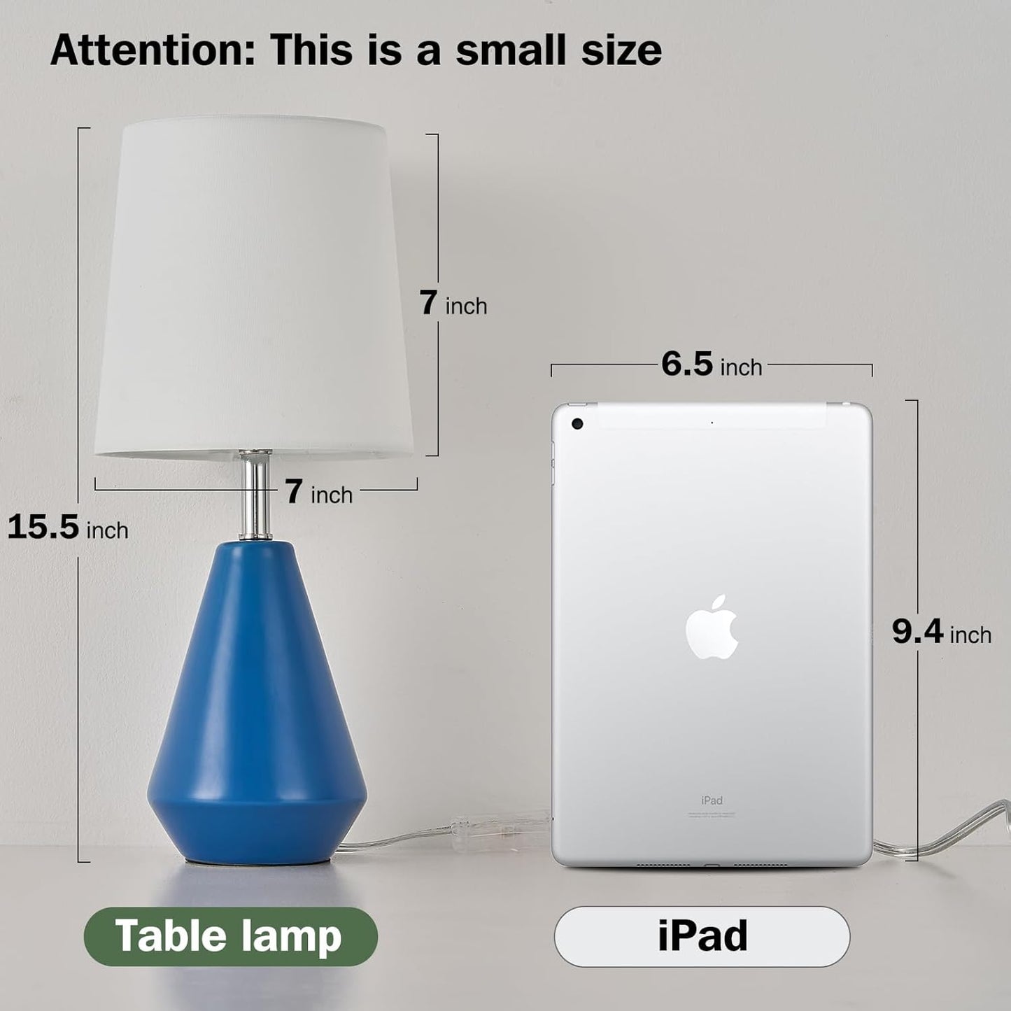 Small Bedside Table Lamp for Bedroom-Reading Desk Lamp Set of 2,with 3 Color Temperatures,15.5" Nightstand Ceramic Lamp with Fabric Shade for Kids Room,Living Room,Dorm,Home Office(Blue+White)