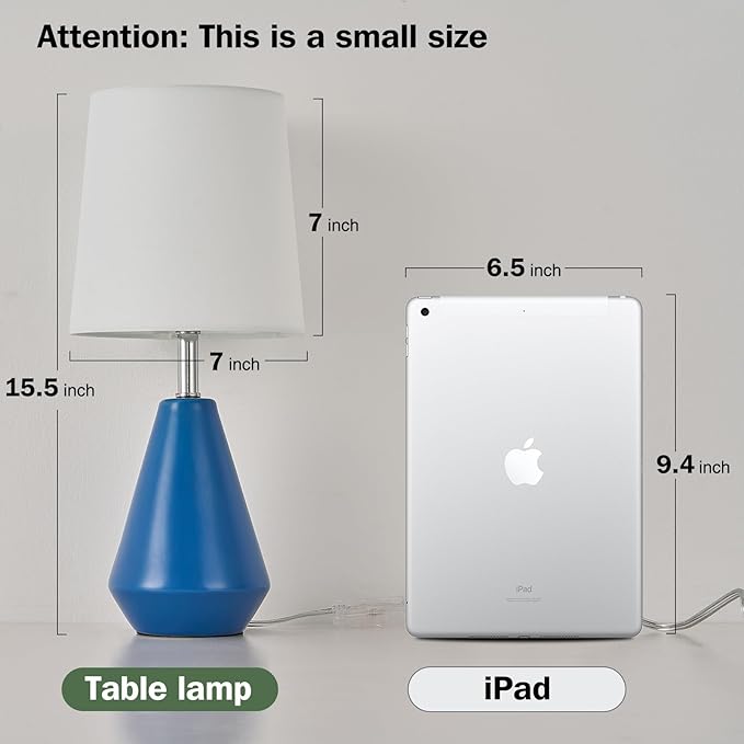Small Bedside Table Lamp for Bedroom-Reading Desk Lamp Set of 2,with 3 Color Temperatures,15.5" Nightstand Ceramic Lamp with Fabric Shade for Kids Room,Living Room,Dorm,Home Office(Blue+White) - Bloomnest