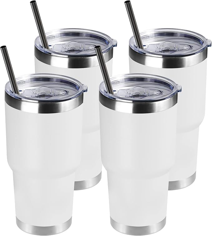 DOMICARE 30 oz Tumbler with Lid and Straw, Stainless Steel Tumblers Bulk, Insulated Vacuum Double Wall Travel Coffee Mug, Durable Powder Coated Tumbler Cups (White, 4)