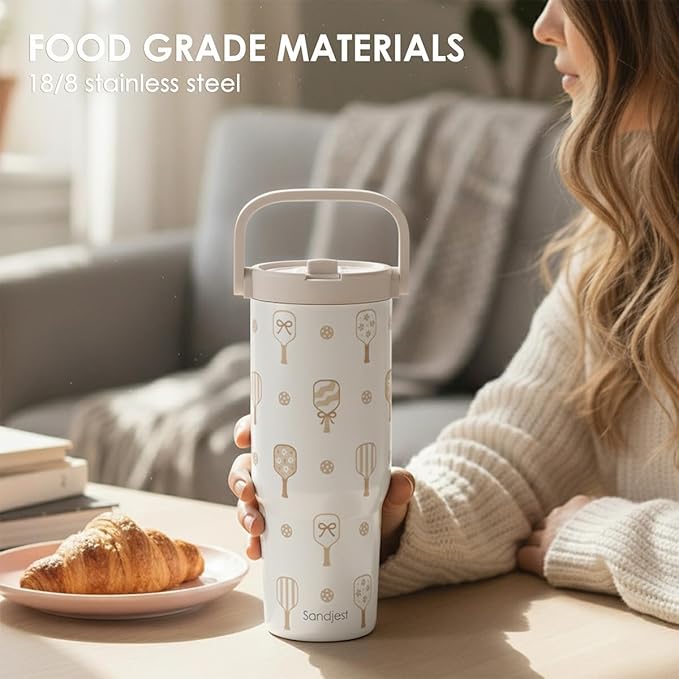 SANDJEST Pickleball Stainless Steel Straw Lid Tumbler 30oz with Carry Handle for Women Girls, Insulated Travel Coffee Cup, Gift for Sports Outdoor Workout Christmas Birthday (Beige) - Bloomnest