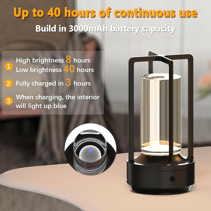Cordless Portable Table Lamp Rechargeable for Indoor/Outdoor, 3000mAh Small Battery Powered Operated Lights, 3 Color Modes Dimmable Waterproof, LED Desk Lamp for Restaurant/Bedroom/Camping (Black) - Bloomnest