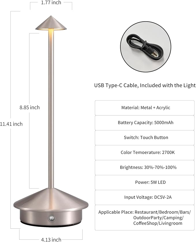 Modern Cordless Table Lamp Set of 2, Portable LED Desk Lamps, 5000mAh Rechargeable Battery Operated Lighting for Bedroom Dining Room Restaurant Coffee Shop Camping Night Light (Brushed Nickel) - Bloomnest