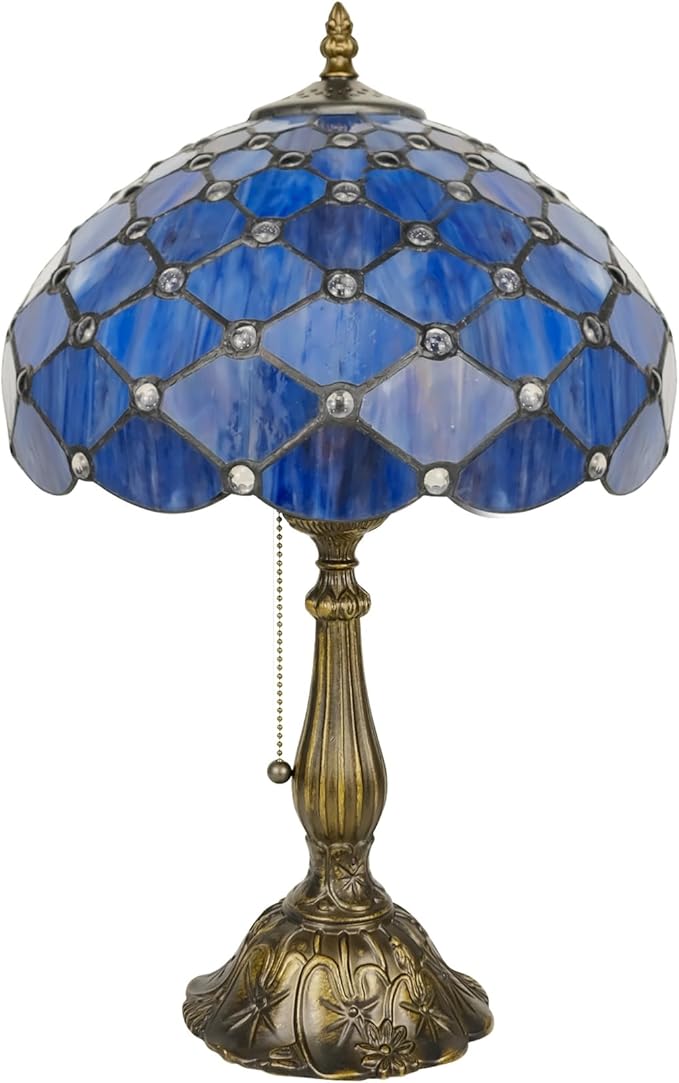 Tiffany Lamp Vintage Deep Blue Stained Glass Bead Table Lamp Desk Bedside Reading Light Decor Bedroom Living Room Home Office D12*H18 Inches - Bloomnest