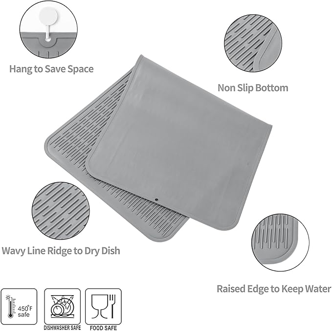 Silicone Dish Drying Mat for Multiple Usage,Easy clean,Eco-friendly,Heat-resistant Silicone Mat for Kitchen Counter or Sink,Refrigerator or Drawer Liner Grey 5XL 36inches x 18inches - Bloomnest