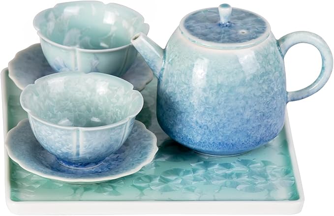 KAMMAK Tea Set Porcelain Tea Pot and Tea Cups Set, Blue and Green Gradient Asian Ceramic Tea Cups and Saucers Set, Chinese Gong Fu Tea Set (2 Saucer+ 2 Cups +1 Tea Pot + 1 Square Plate) - Bloomnest