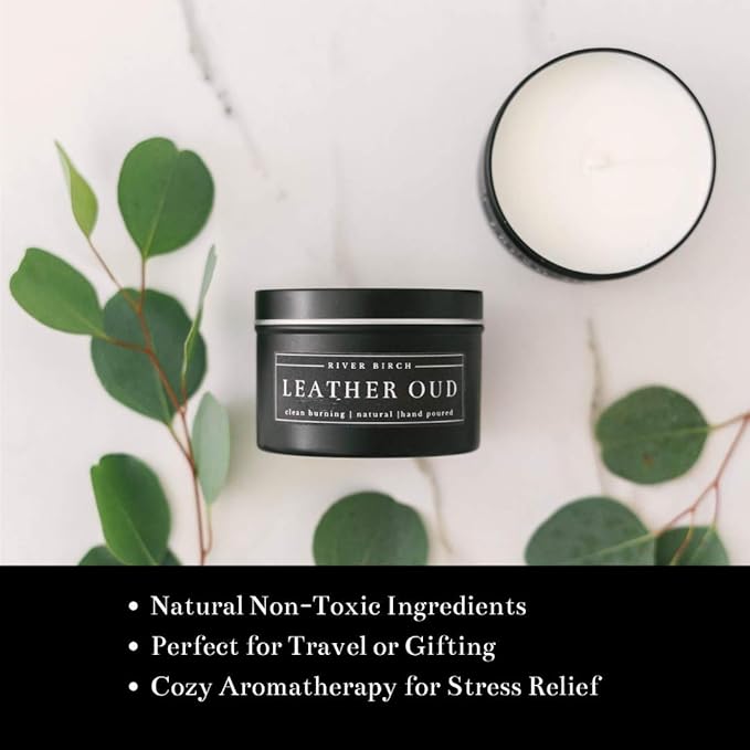 River Birch Candles Leather Oud Scented Candle | Premium, All-Natural, Non-Toxic, Soy Candles | 8 oz. Black Matte Tin Travel Candle | Cozy Relaxing Gifts for Home - Bloomnest