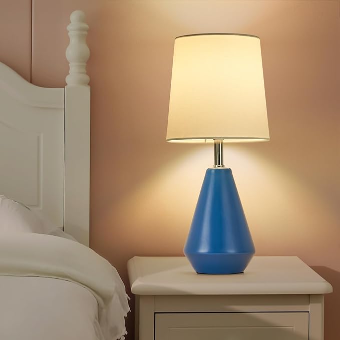 Small Bedside Table Lamp for Bedroom-Reading Desk Lamp Set of 2,with 3 Color Temperatures,15.5" Nightstand Ceramic Lamp with Fabric Shade for Kids Room,Living Room,Dorm,Home Office(Blue+White) - Bloomnest
