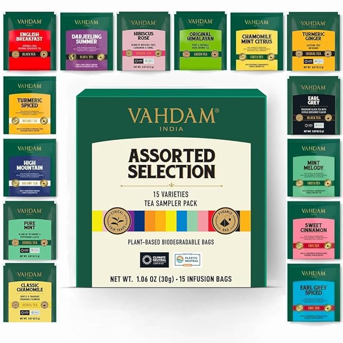 VAHDAM, Assorted Tea Sampler (15 Different Variety in Individually Wrapped Pyramid Tea Bags) Long Leaf Premium Teas I Teas Gift Set I Ideas for Tea Lovers | Gifts for Women & Men - Bloomnest
