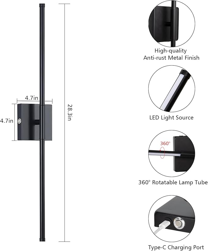 Battery Operated Wall Sconce Set of 2, Wall Sconces 3000K-6000K Dimmable Rechargeable Wall Sconce with Remote Control, 350°Rotate LED Wireless Wall Lights for Living Room, Hallway, Bedroom(Black) - Bloomnest
