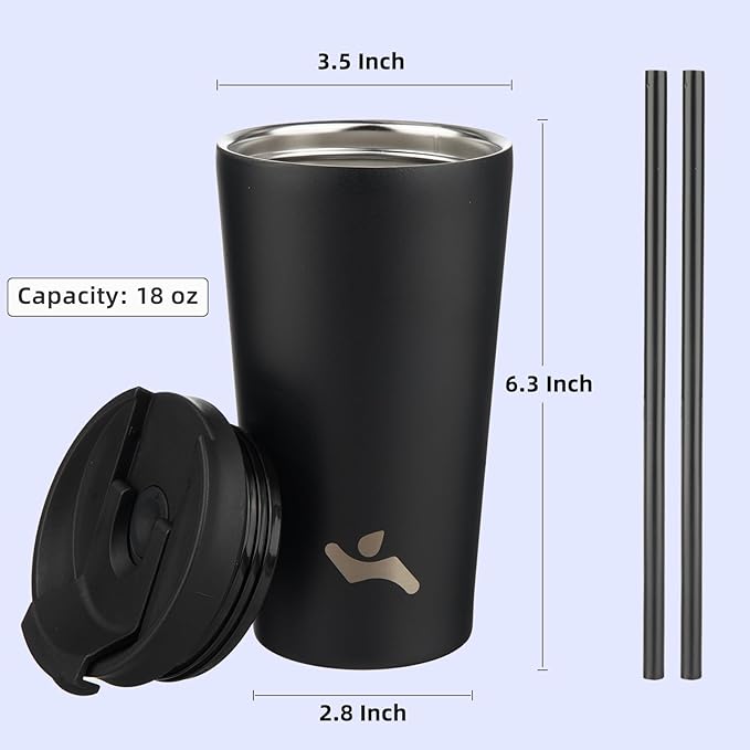 18 OZ Insulated Tumbler with Lid and 2 Straws Stainless Steel Water Bottle Vacuum Travel Mug Coffee Cup,Black - Bloomnest