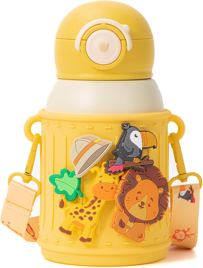 Kids Insulated Tumbler Set – 16oz Stainless Steel Water Bottle with Straw & Pour Lids, Screw-On Cup, Adjustable Strap, Silicone Sleeve & Charms – Leakproof BPA-Free Bottle for Boys & Girls - Bloomnest