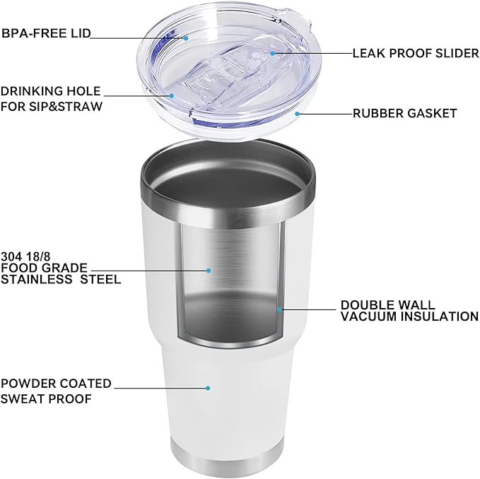 DOMICARE 30 oz Tumbler with Lid and Straw, Stainless Steel Tumblers Bulk, Insulated Vacuum Double Wall Travel Coffee Mug, Durable Powder Coated Tumbler Cups (White, 12) - Bloomnest