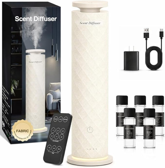 Waterless Scent Diffuser Starter Kit with 5 Oils, Luxury Hotel Style Cold Air Diffuser Oil Machine for Home, 1000 Sq Ft Coverage, Quiet Nebulizing Aromatherapy with Remote, Tower Fabric Design, Cream - Bloomnest