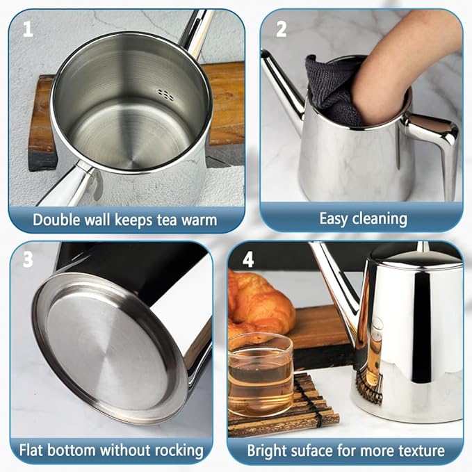 304 Stainless Steel Double-walled Teapot Long Strain Large Capacity Teapot with Infuser and Removable Filter for Home Restaurant Office Dinnerware Accessories Drinkware Item - Bloomnest