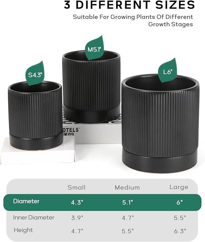 LaDoVita 3 Pack Ceramic Plant Pots 6/5/4 inch, Flowerpot for Indoor Plants with Drainage Holes and Tray, Outdoor Garden Planters, Modern Decorative for Home, Black Vertical Stripes - Bloomnest