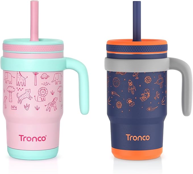 Tronco 14 oz Kids Insulated Tumbler with Handle & Spill Resistant Flexible Straw, BPA-Free Stainless Steel Toddler Cups with Lids, Splash-Proof Kid Drinking Cup Travel Mugs, Hand Wash Only - Bloomnest