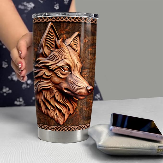 SANDJEST Wolf Tumbler 20oz Wolf Wood Drawing Stainless Steel Insulated Tumblers Coffee Travel Mug Cup Wolf Gift for Men Boys Gifts for Birthday Christmas - Bloomnest