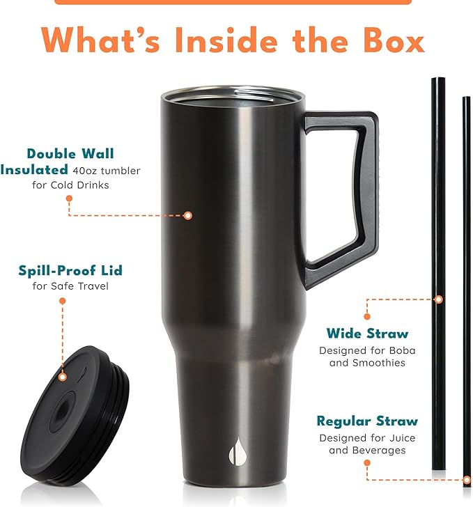 Elemental 40 oz Tumbler with Handle and Straw - Spill Proof Insulated Stainless Steel Commuter for Hot and Cold Beverages - Travel Coffee Mug with 2 Straws & Spill Proof Lid - 40oz- Gunmetal - Bloomnest