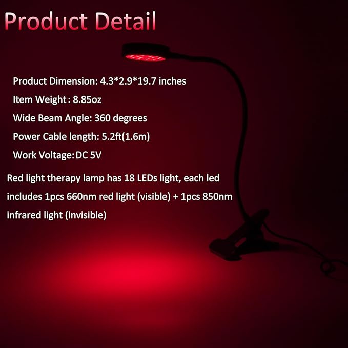 Red Light Therapy for Face and Body, 18 LEDs 660nm Red and 850nm Near Infrared LED Red Light Therapy Light with Angle Adjustable and Clip, Suitable for Body at Home Skin Care Pain Relief U4GLORY
