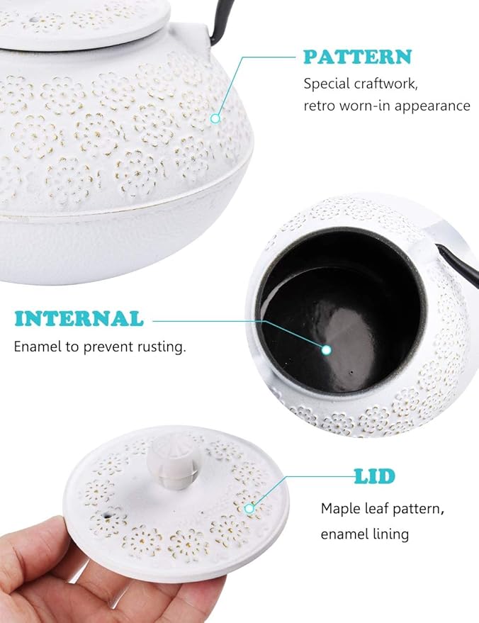 Sotya Cast Iron Teapot, 40oz/1200ml Japanese Tetsubin Tea Pot with Infuser for Loose Leaf and Tea Bags, Tea Kettle Coated with Enameled Interior for Stove Top, White - Bloomnest