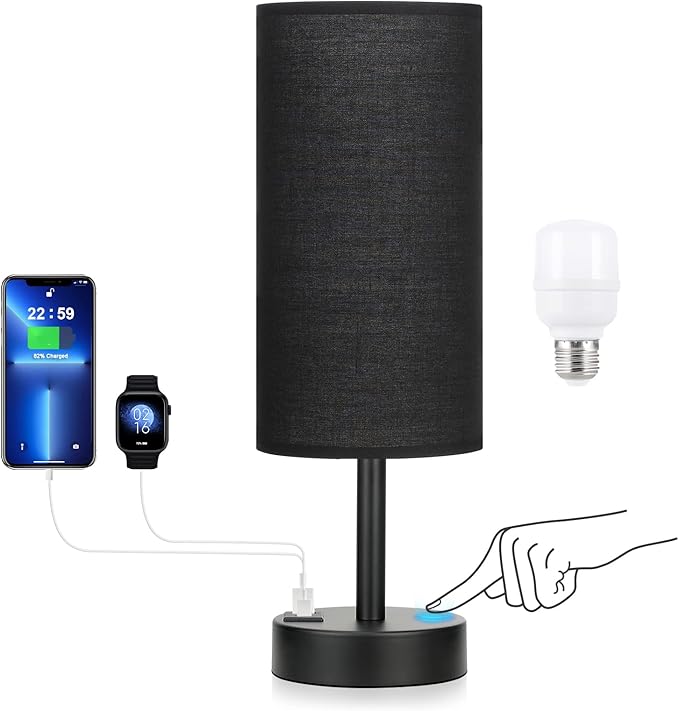 Black Touch Nightstand Lamps for Girl - Small Bedside Lamp with USB-C and USB Charging Ports, 3 Way Dimmable Control Table Lamp for Living Room Office, Dorm, Reading with Fabric Shade Black Base - Bloomnest