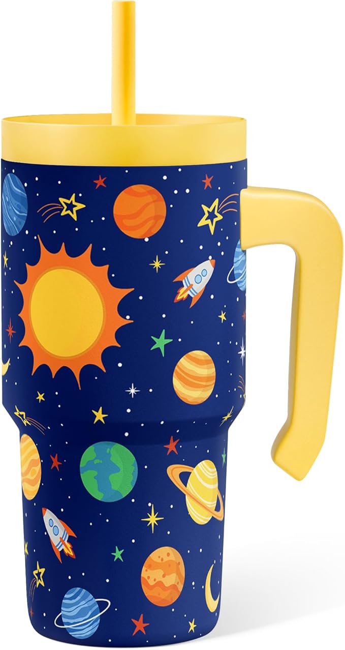 Outer Space Tumbler 20oz with Handle and Silicone Straw Lid for Kid, Insulated Stainless Steel Cup, Gift for Kids Boys, Gifts Idea for Birthday Christmas Back to School - Bloomnest