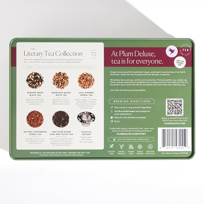 Literary Tea Collection Assorted Tea Gift Set - Hand-Crafted Loose Leaf Teas, Presentation Gift Box with Loose Leaf Steeper Included - Mixed Caffeine - 5 Unique and Flavorful Teas, 75+ Cups - Bloomnest
