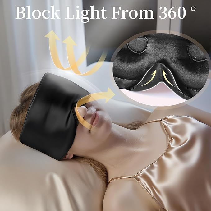 USlixury Silk Sleep Mask, 3D Contoured Sleeping Masks, Blackout Sleep Masks for Women with Nose Wing,100% Mulberry Silk, Face-Hugging Non-Slip SLEP Mask for Side Sleeper, 27.5x4.5'', Black - Bloomnest