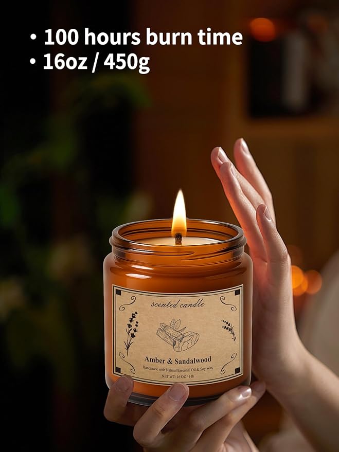 Scented Candles, 16oz Large Jar Soy Wax Candle – Amber & Sandalwood with Premium Plant Wax Blend for Consistent Burn, Aromatherapy Candle for Home Scented, Relaxation and Gift for Women/Men - Bloomnest