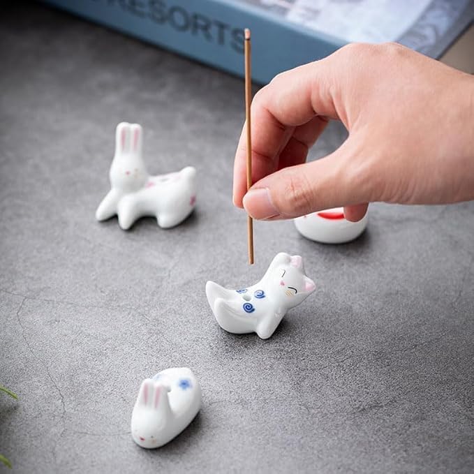 4Pcs Rabbit Cat Ceramic Incense Holder Cute White Animals Incense Sticker Holder Fun Home Decorative Ornaments for Home Room Decoration Yoga Spa Meditation Incense Holders Home Fragrance - Bloomnest
