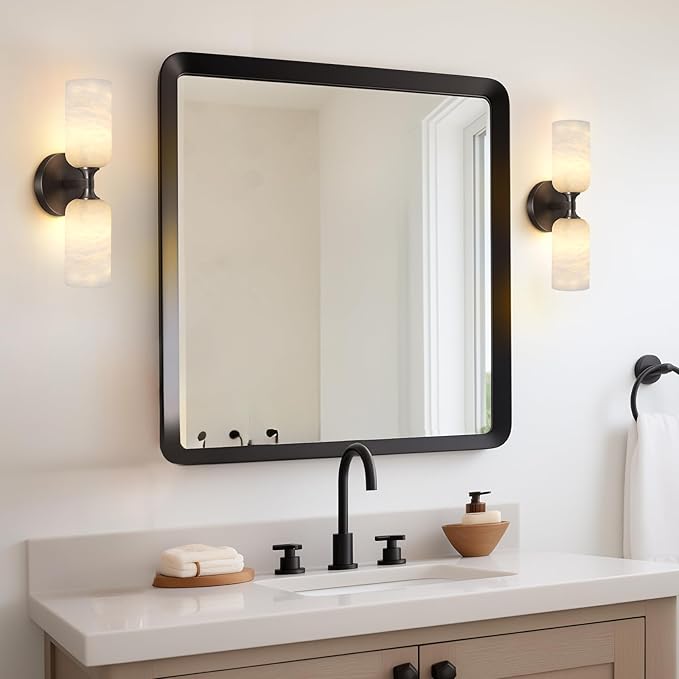 Alabaster Wall Sconce 14in Antique Brass Sconces Wall Lighting, Imported Alabaster Modern Marble Bathroom Vanity Sconces, Black Sconce Wall Decor, For Bedroom Living Room Staircases Hallway Foyer - Bloomnest