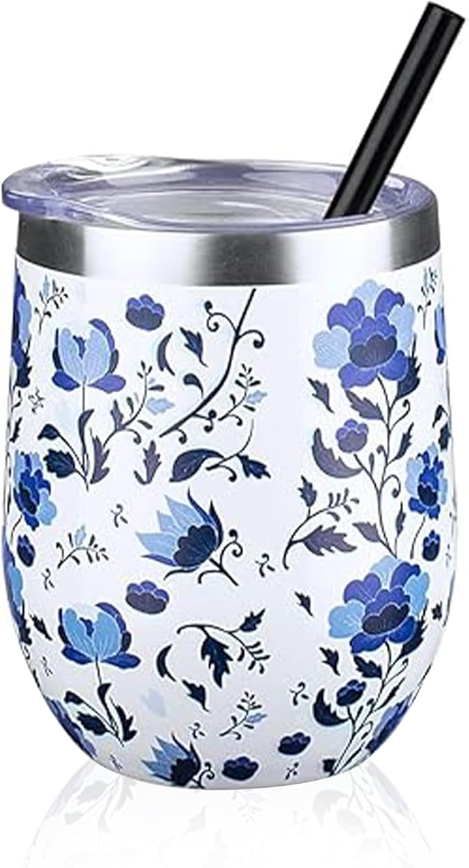 12 oz Insulated Wine Tumbler with Lid and Straw,Stainless Steel Stemless Wine Tumbler Glasses Double Wall Vacuum Wine Cups Tumbler Bulk for Coffee,Cocktail,Office（Blue and White Porcelain,1） - Bloomnest