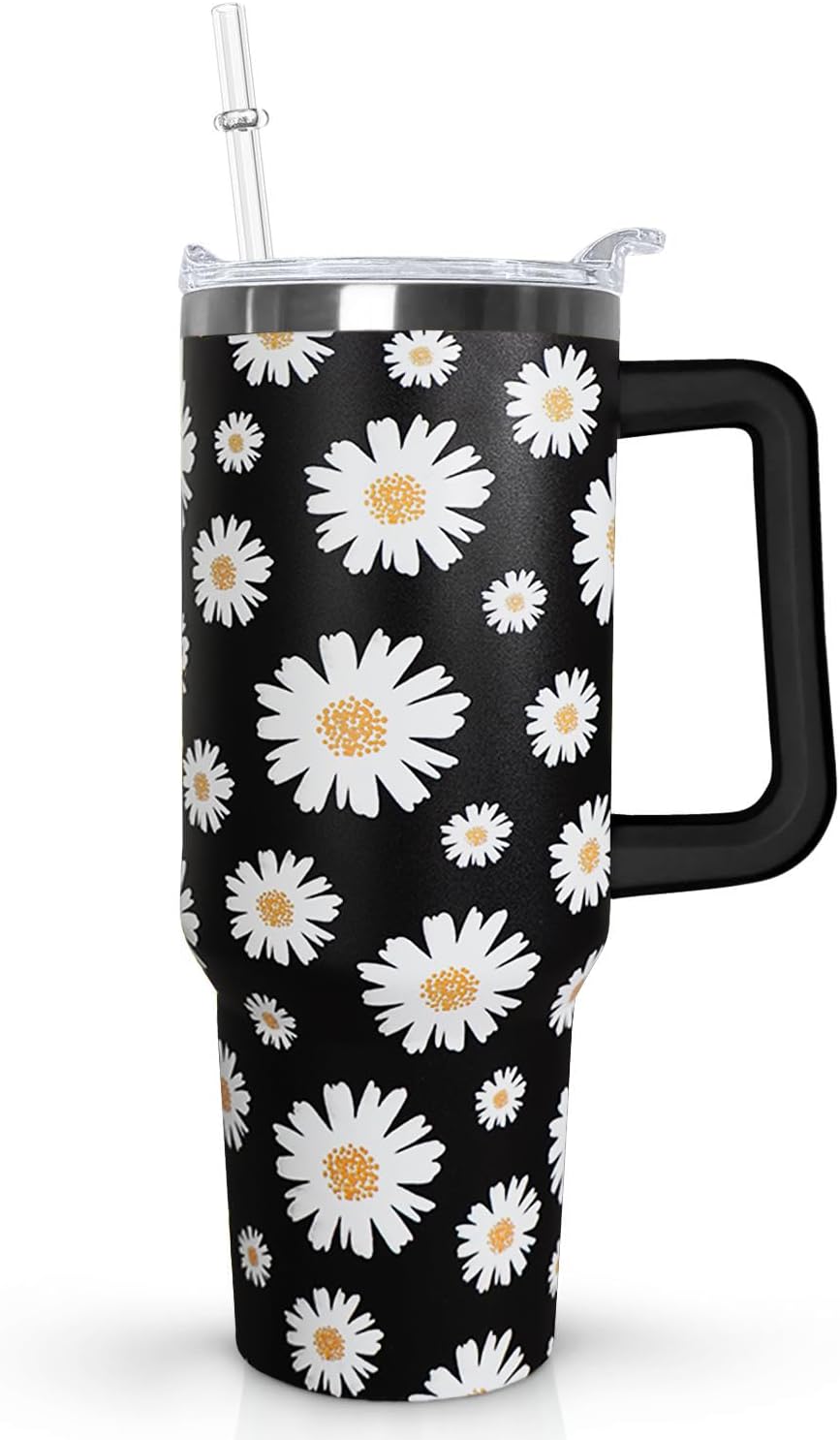 Ceovfoi 40 Oz Daisy Tumbler With Handle,Daisy Coffee Travel Mug Cup Water Bottle,Daisy Decor,Daisy Gifts for Women