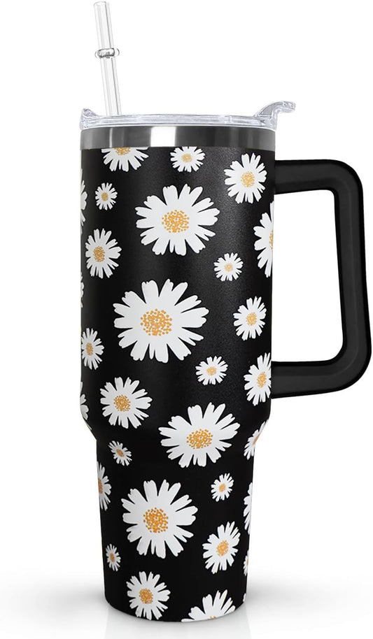 Ceovfoi 40 Oz Daisy Tumbler With Handle,Daisy Coffee Travel Mug Cup Water Bottle,Daisy Decor,Daisy Gifts for Women